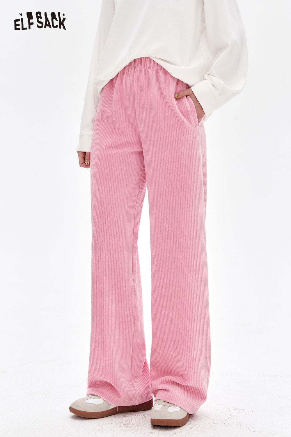 ELFSACK Sweet Basic Corduroy Casual Wide Leg Pants Women Korean clothing
