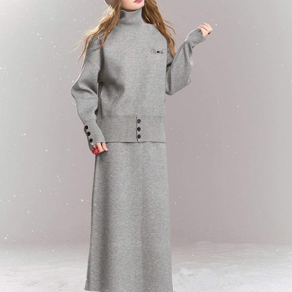 
                  
                    ELFSACK 2024 Winter New Arrivals Knitted suit French simple high collar top skirt two-piece suit
                  
                