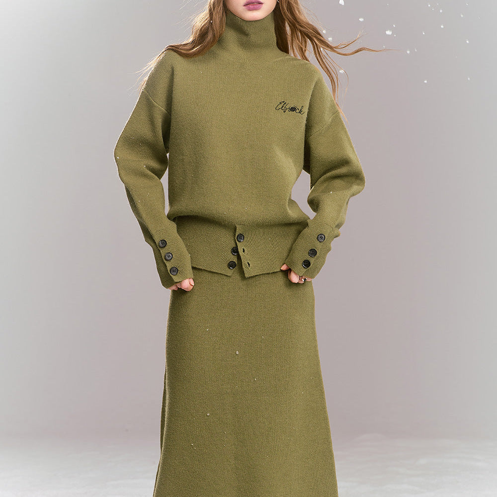 ELFSACK 2024 Winter New Arrivals Knitted suit French simple high collar top skirt two-piece suit