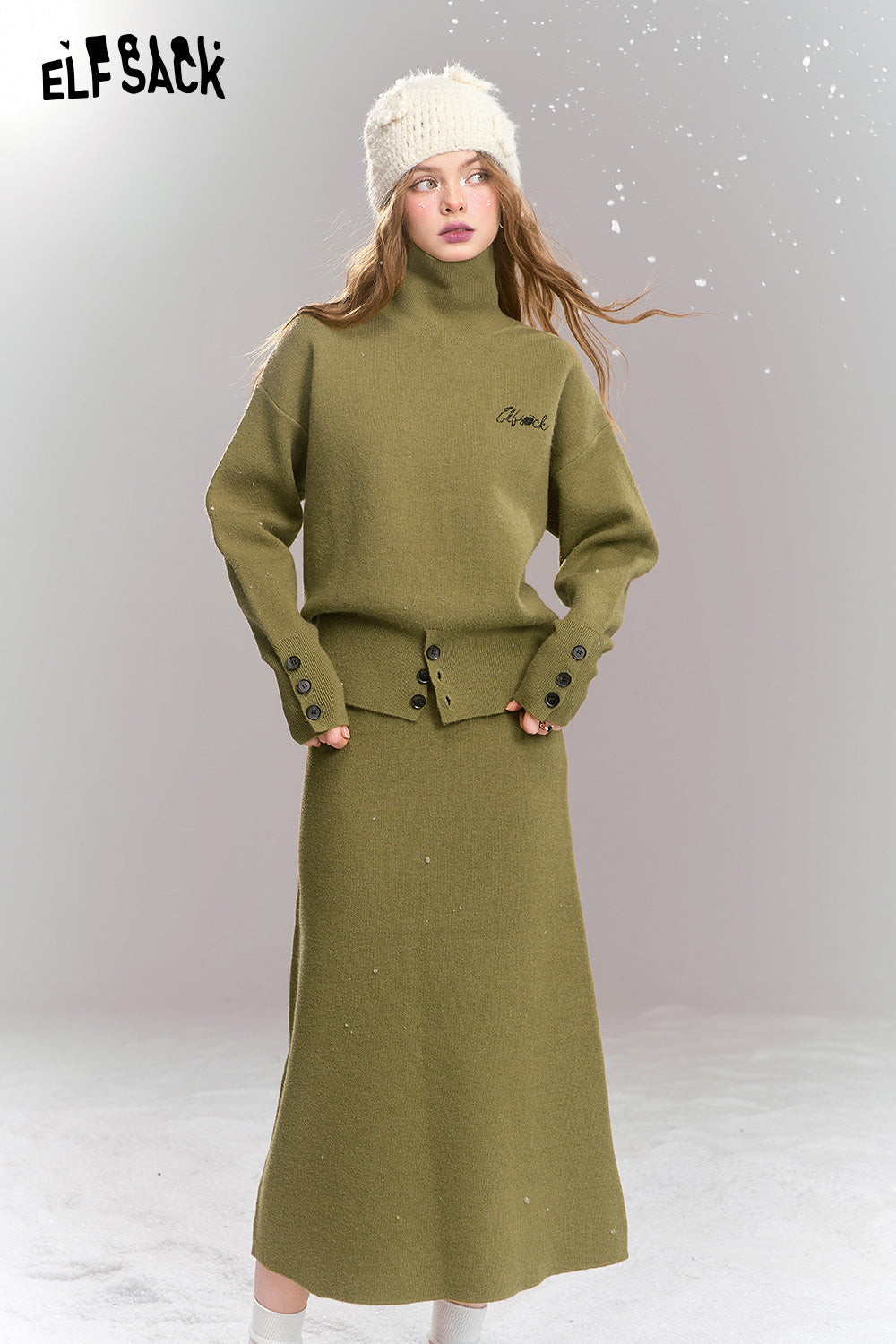 ELFSACK 2024 Winter New Arrivals Knitted suit French simple high collar top skirt two-piece suit