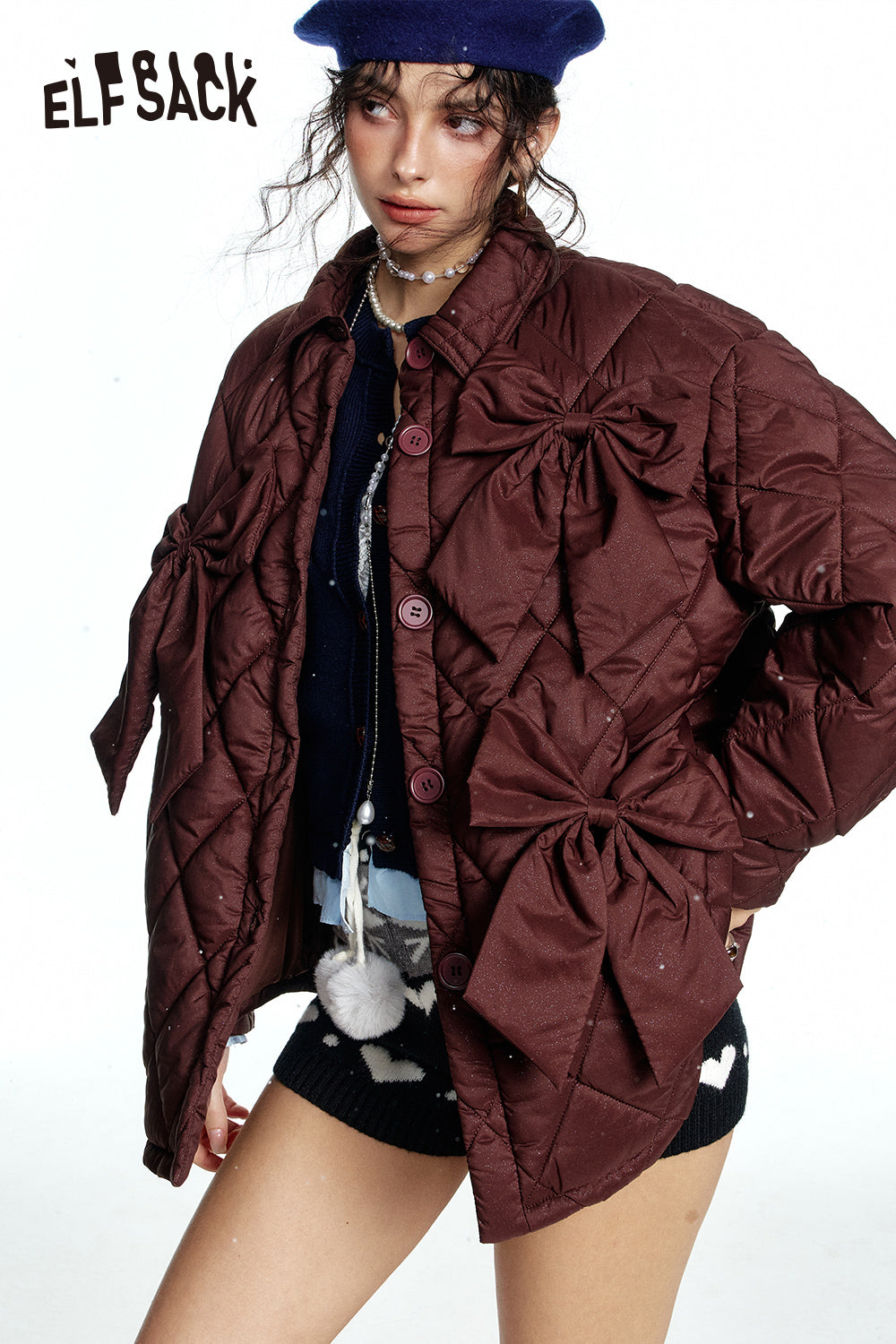 ELFSACK POLO collar, bow tie, single-breasted, shiny, coffee color, diamond checkered thick jacket