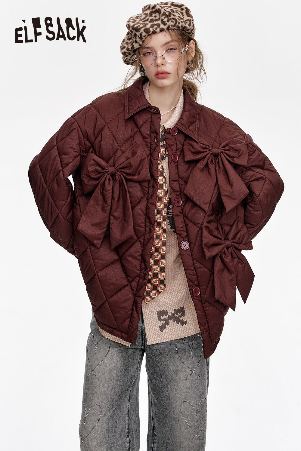 ELFSACK POLO collar, bow tie, single-breasted, shiny, coffee color, diamond checkered thick jacket