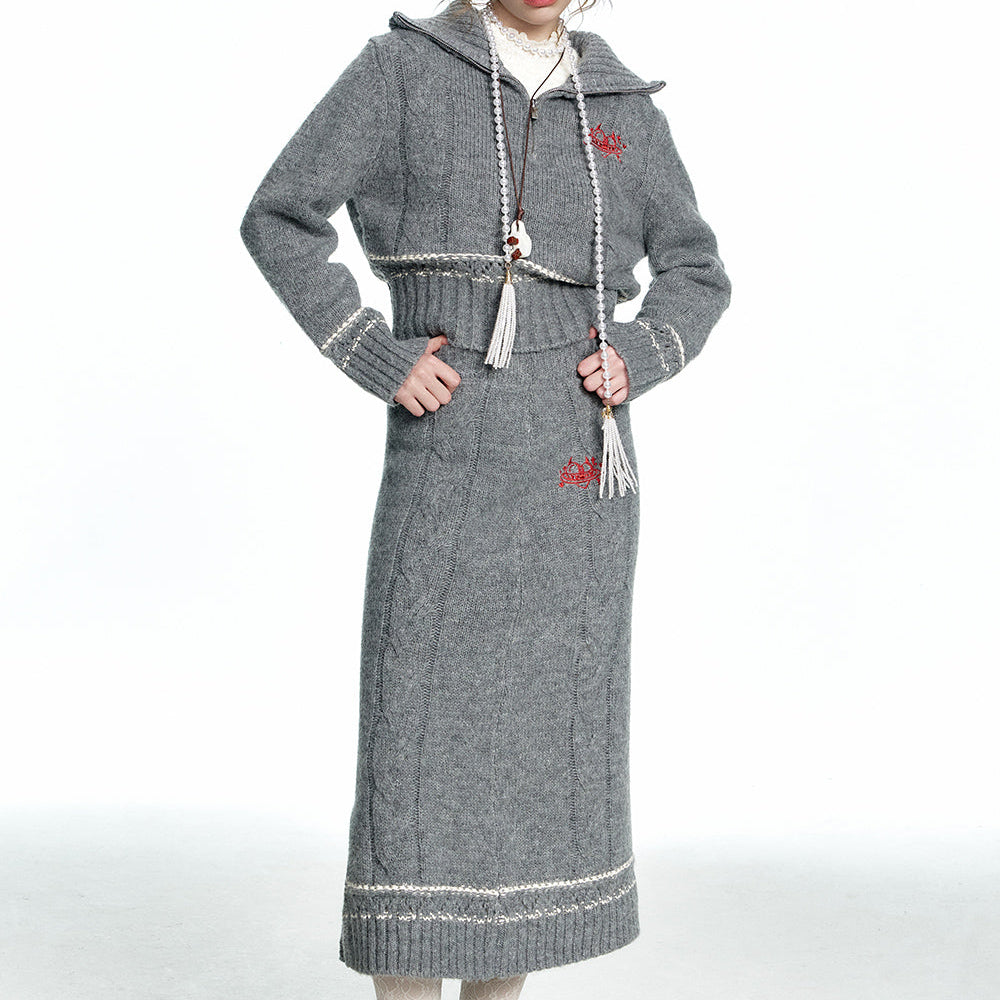 ELFSACK 2024 Winter New Arrivals Grey embroidered knitted skirt two piece suit for women