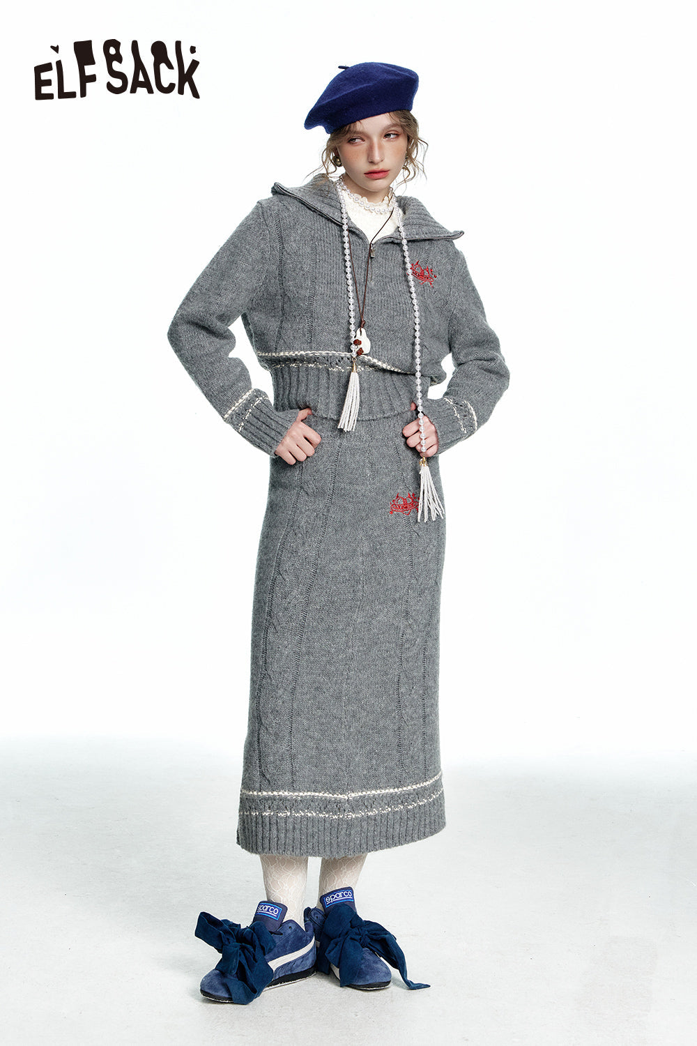 ELFSACK 2024 Winter New Arrivals Grey embroidered knitted skirt two piece suit for women