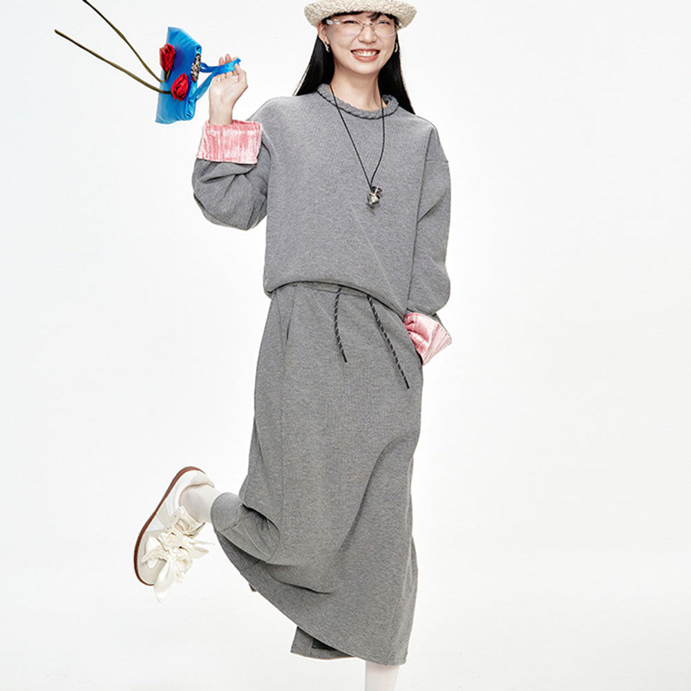 ELFSACK 2024 Winter New Arrivals Preppy style velvet stitching grey long skirt suit for women