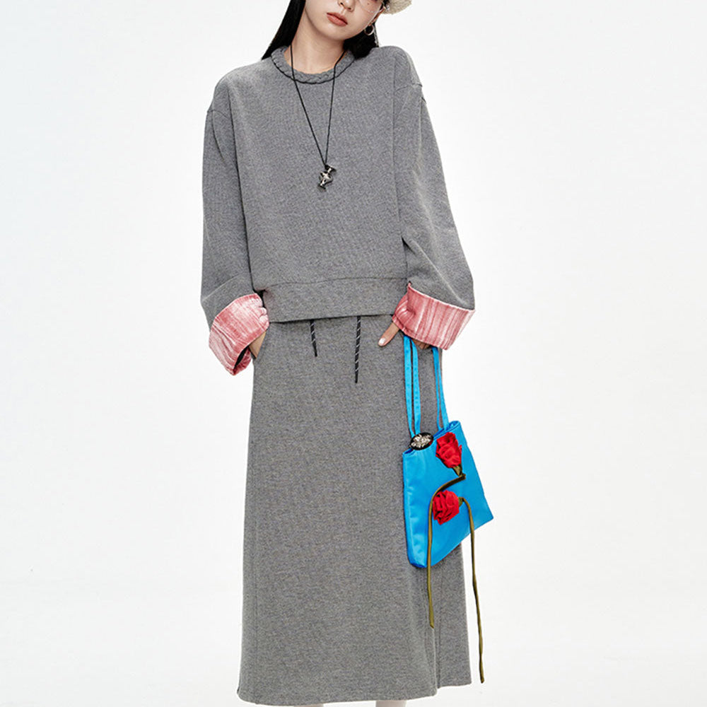 ELFSACK 2024 Winter New Arrivals Preppy style velvet stitching grey long skirt suit for women