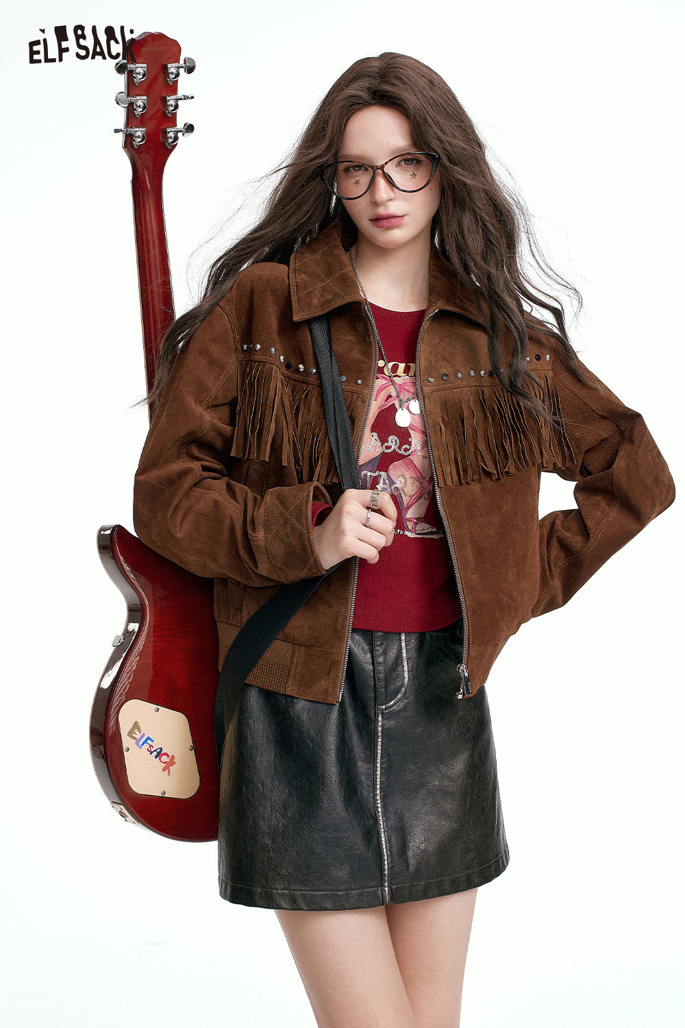 ELFSACK Retro Brown Short Jacket American Style with Fringe and Studded Design