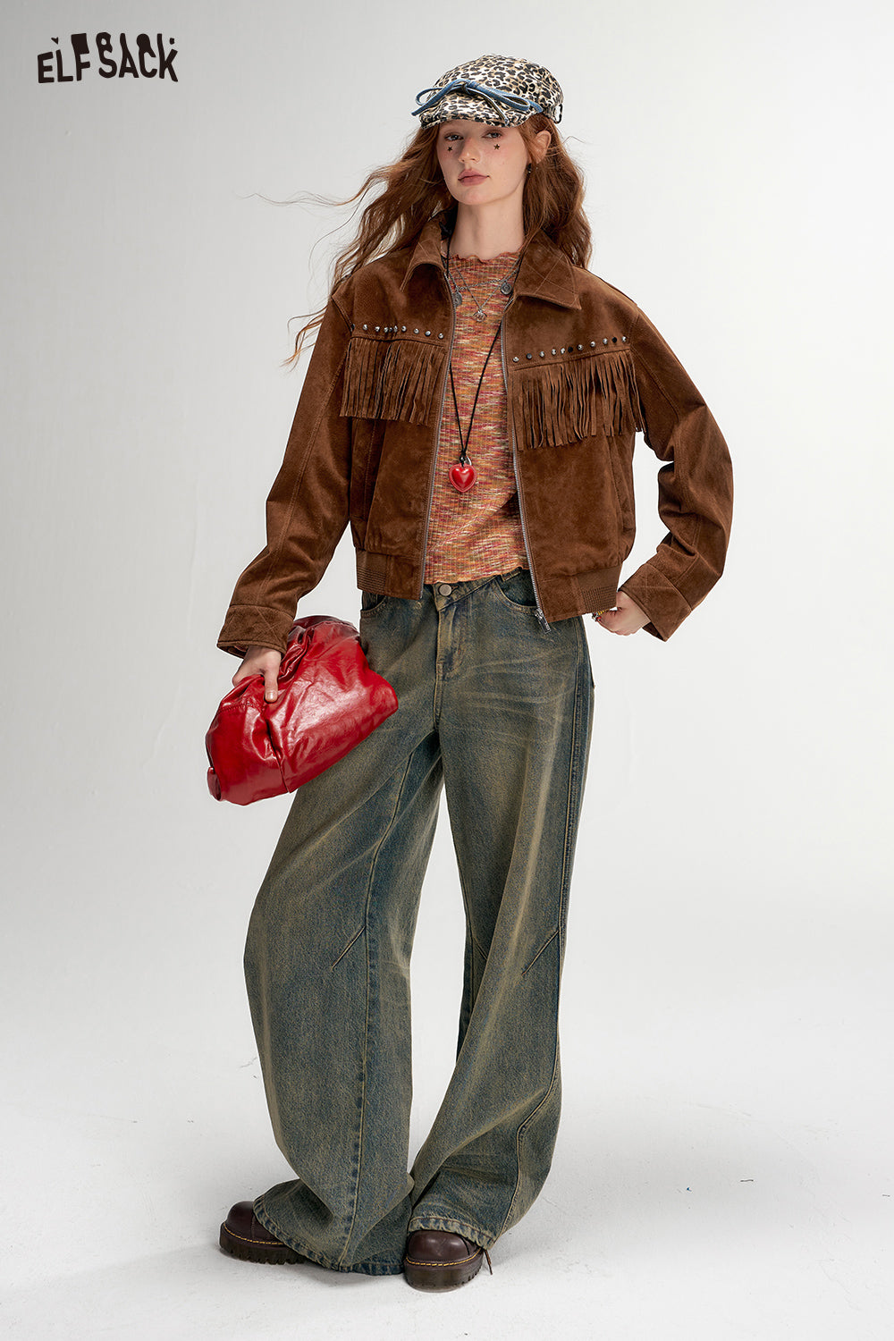 ELFSACK Retro Brown Short Jacket American Style with Fringe and Studded Design