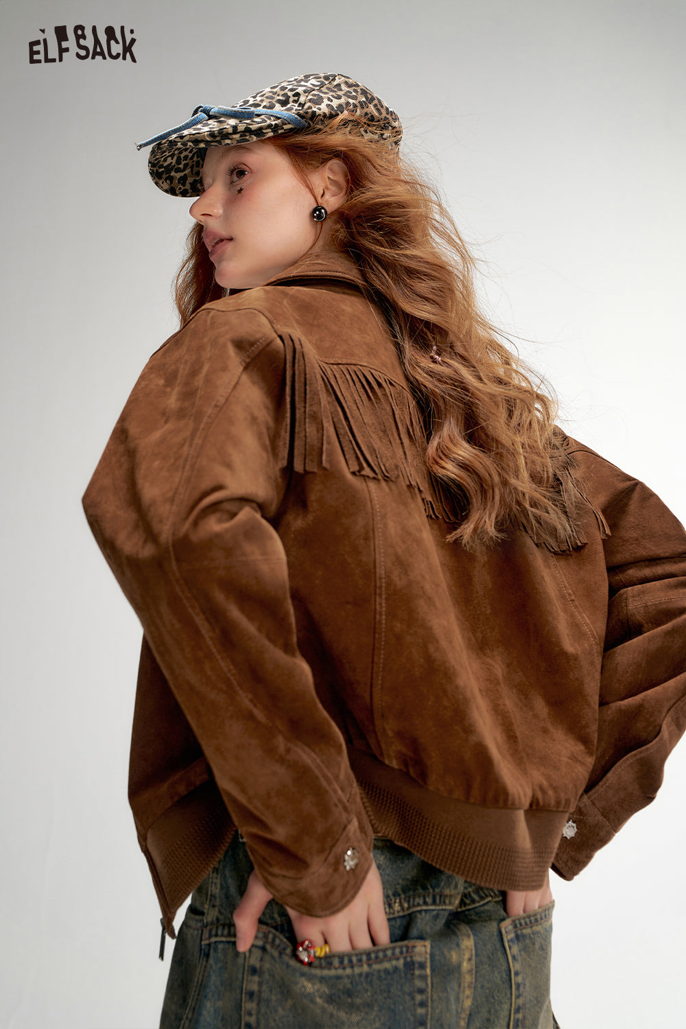 ELFSACK Retro Brown Short Jacket American Style with Fringe and Studded Design