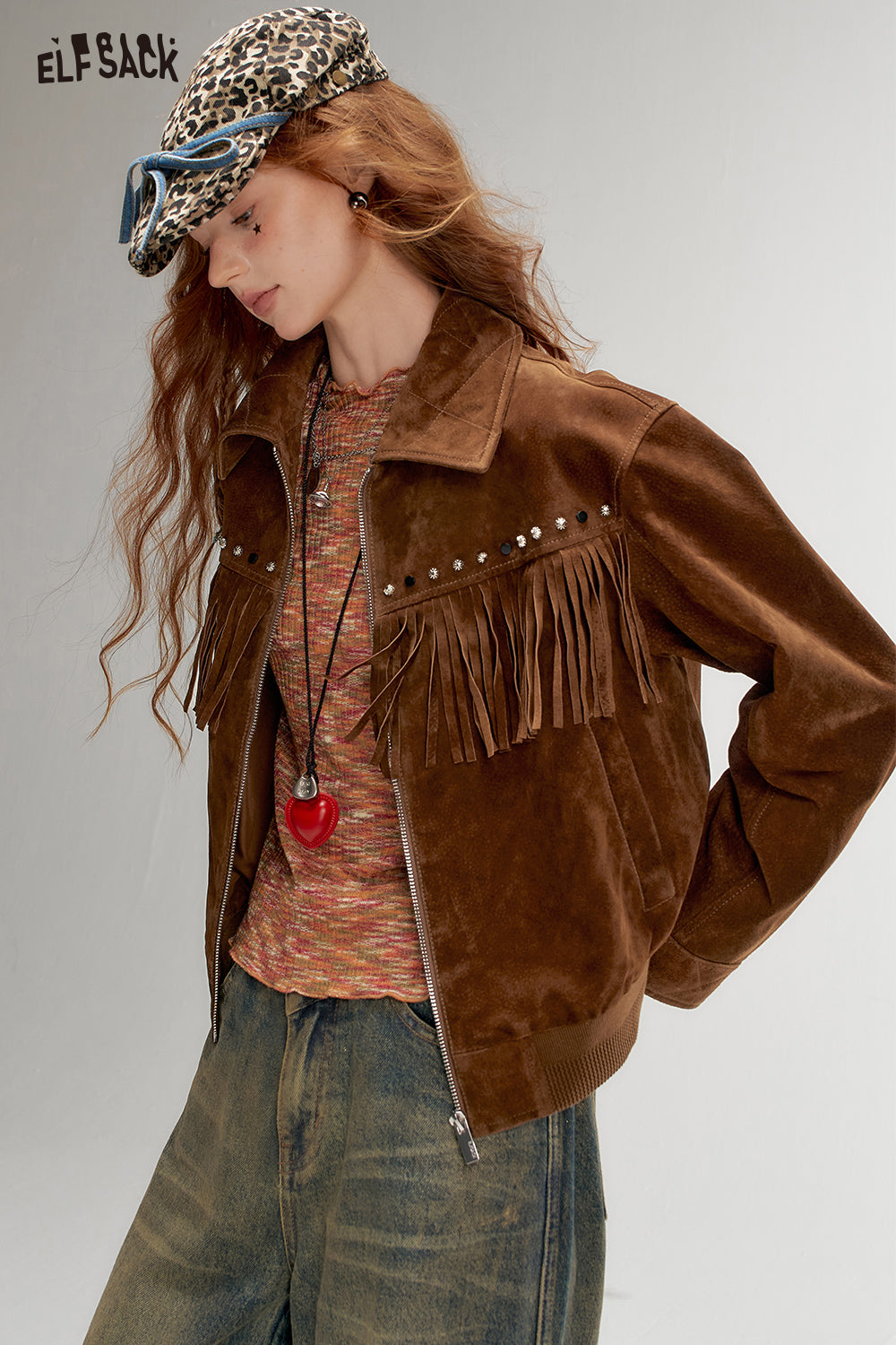 ELFSACK Retro Brown Short Jacket American Style with Fringe and Studded Design