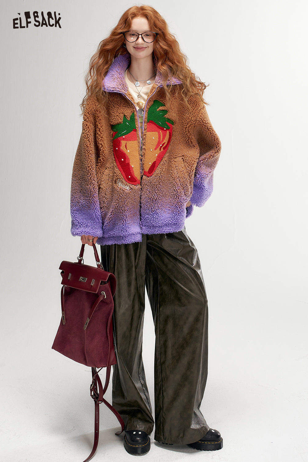 ELFSACK Strawberry hand-sewn pearl decoration gradient plush jacket