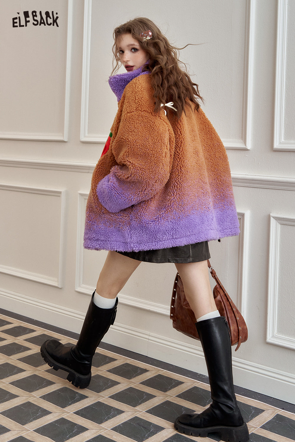 ELFSACK Strawberry hand-sewn pearl decoration gradient plush jacket