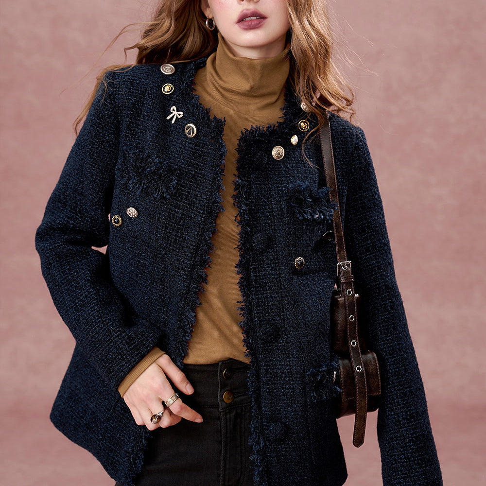 
                  
                    ELFSACK 2024 Autumn New Arrivals Versatile navy blue tweed short woolen coat for women
                  
                