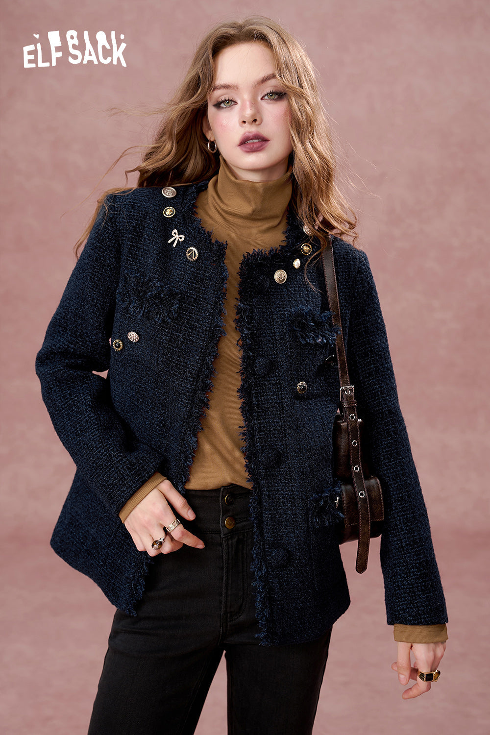 ELFSACK Versatile navy blue tweed short woolen coat