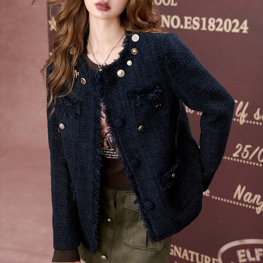 
                  
                    ELFSACK 2024 Autumn New Arrivals Versatile navy blue tweed short woolen coat for women
                  
                