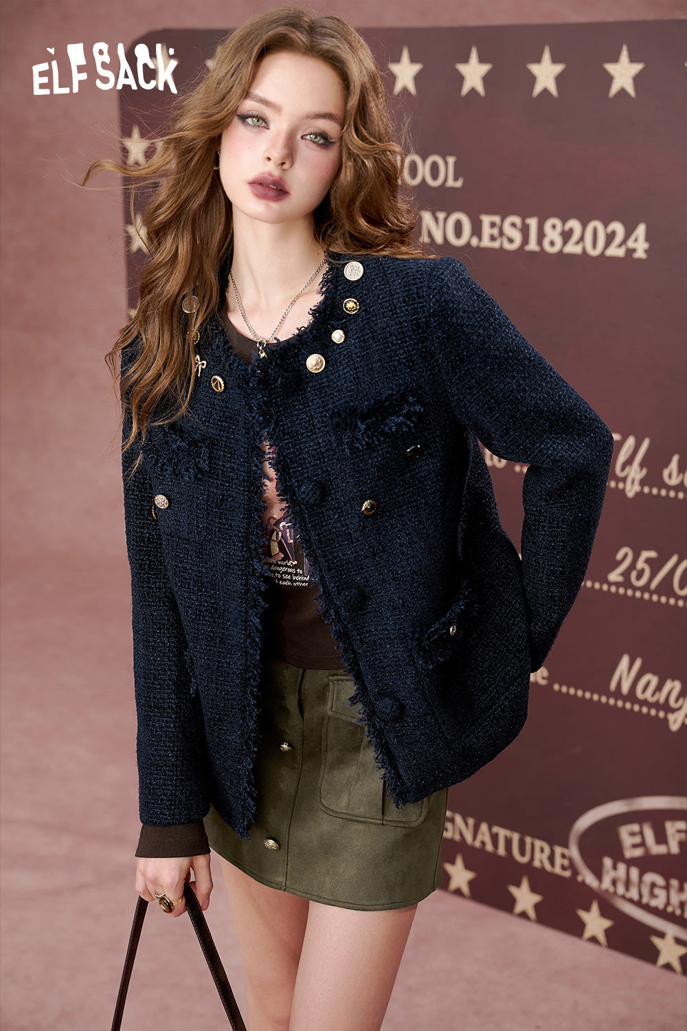 ELFSACK Versatile navy blue tweed short woolen coat
