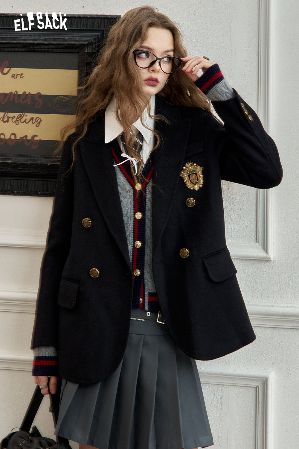 ELFSACK Retro mid-length woolen coat, sweet, preppy style
