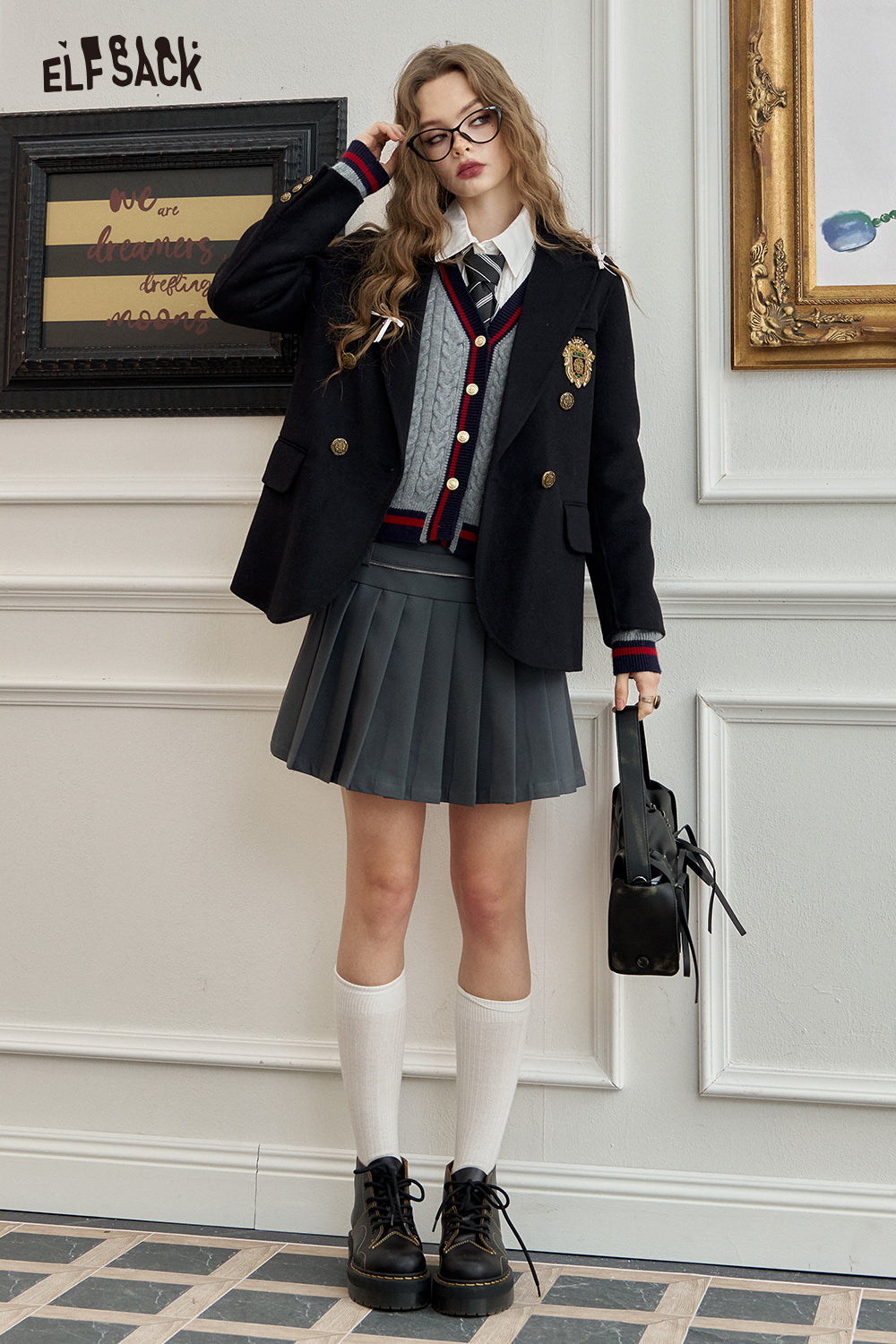ELFSACK Retro mid-length woolen coat, sweet, preppy style