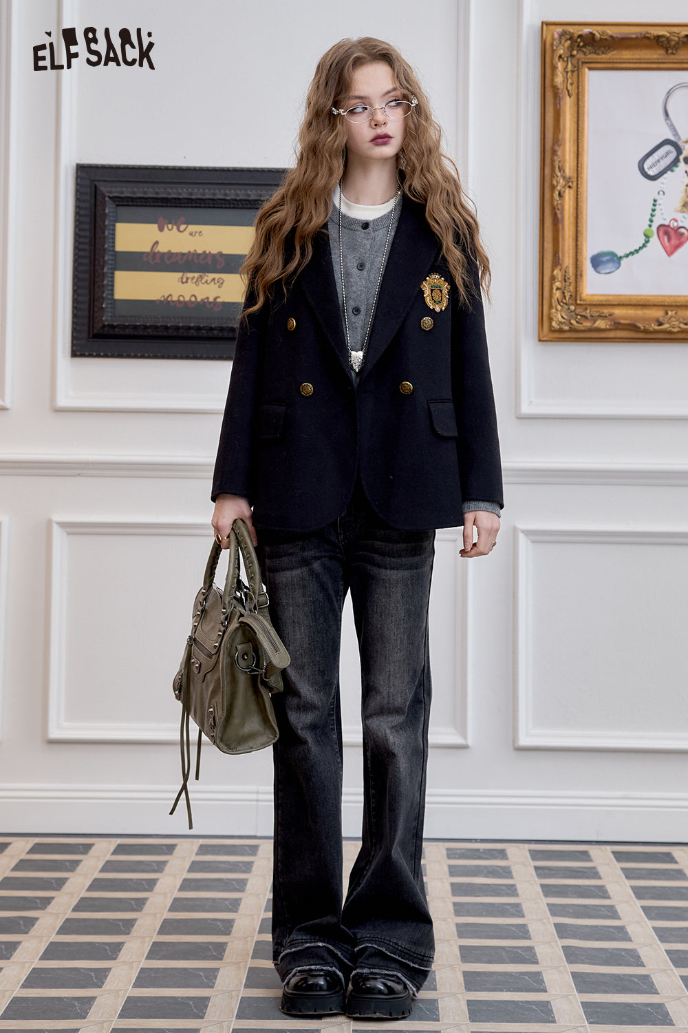 ELFSACK Retro mid-length woolen coat, sweet, preppy style