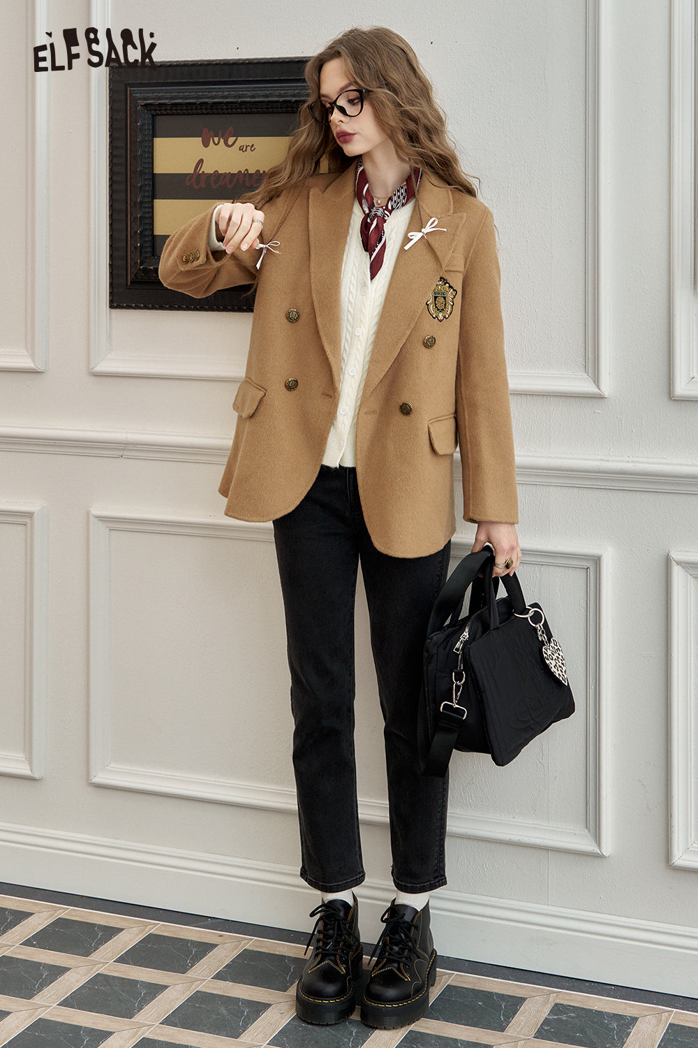 ELFSACK Retro mid-length woolen coat, sweet, preppy style