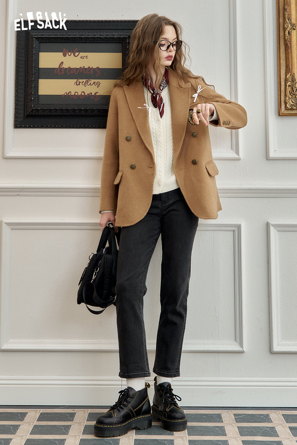 ELFSACK Retro mid-length woolen coat, sweet, preppy style