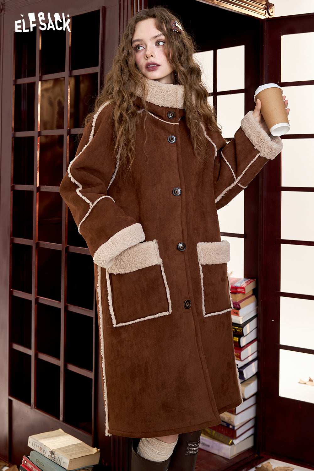 ELFSACK Retro coffee color warm plush thick long coat hooded reversible coat