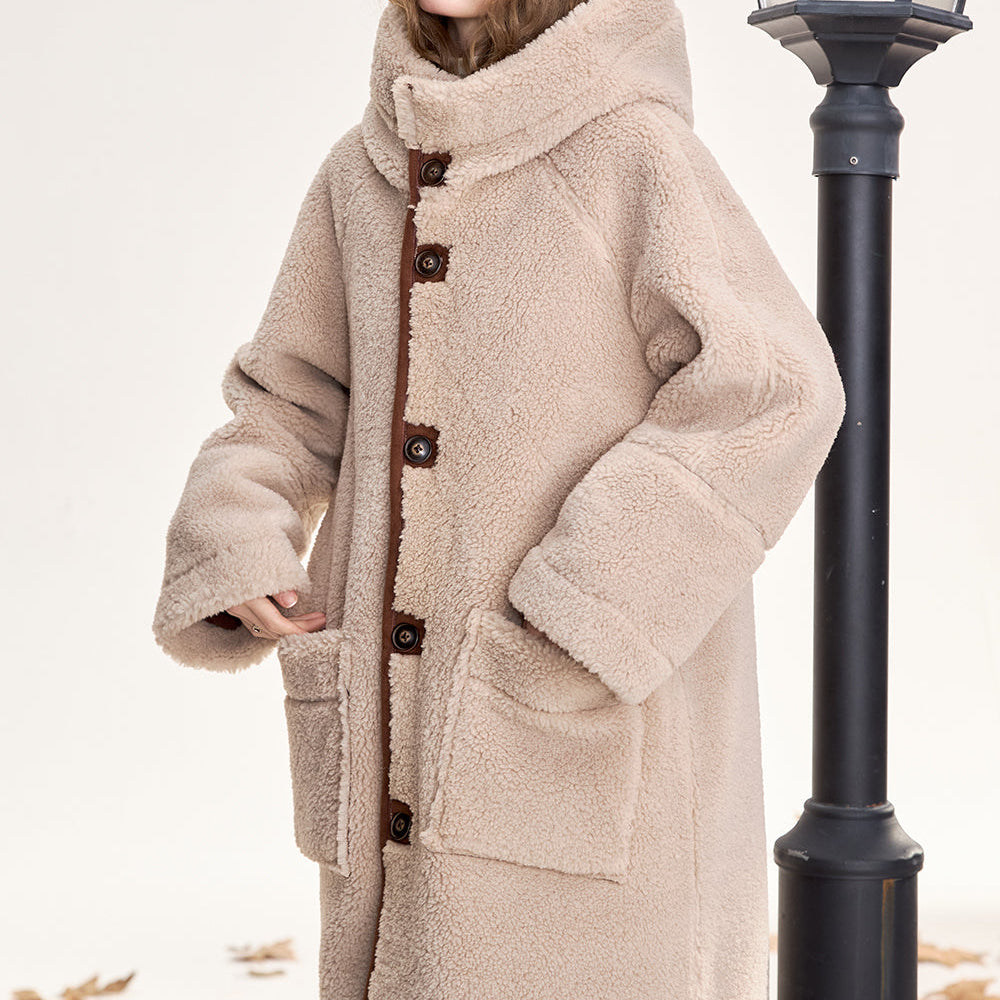 ELFSACK 2024 Winter New Arrivals Retro coffee color warm plush thick long coat hooded reversible coat