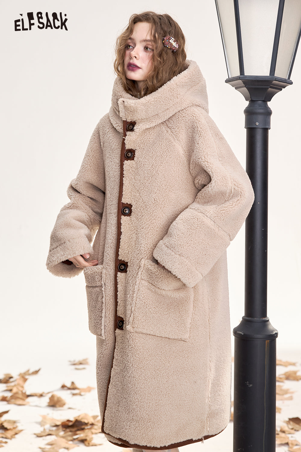 ELFSACK Retro coffee color warm plush thick long coat hooded reversible coat