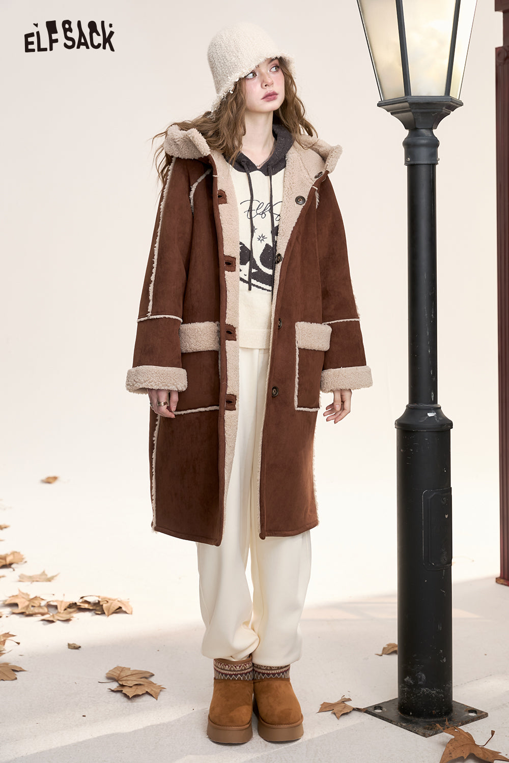 ELFSACK Retro coffee color warm plush thick long coat hooded reversible coat