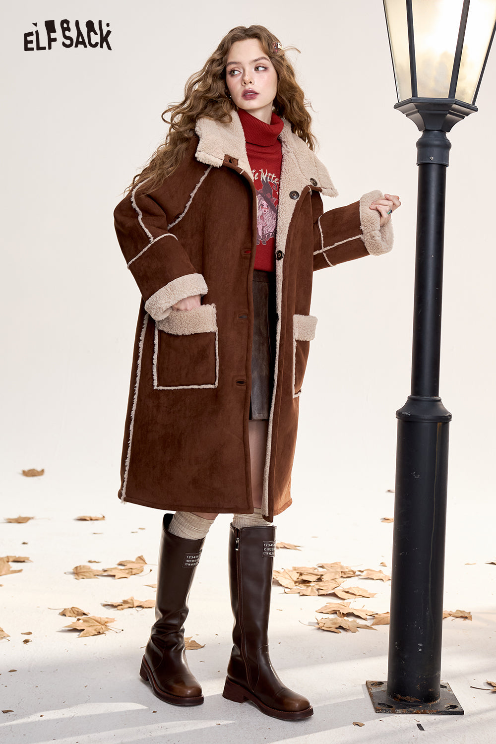 ELFSACK Retro coffee color warm plush thick long coat hooded reversible coat