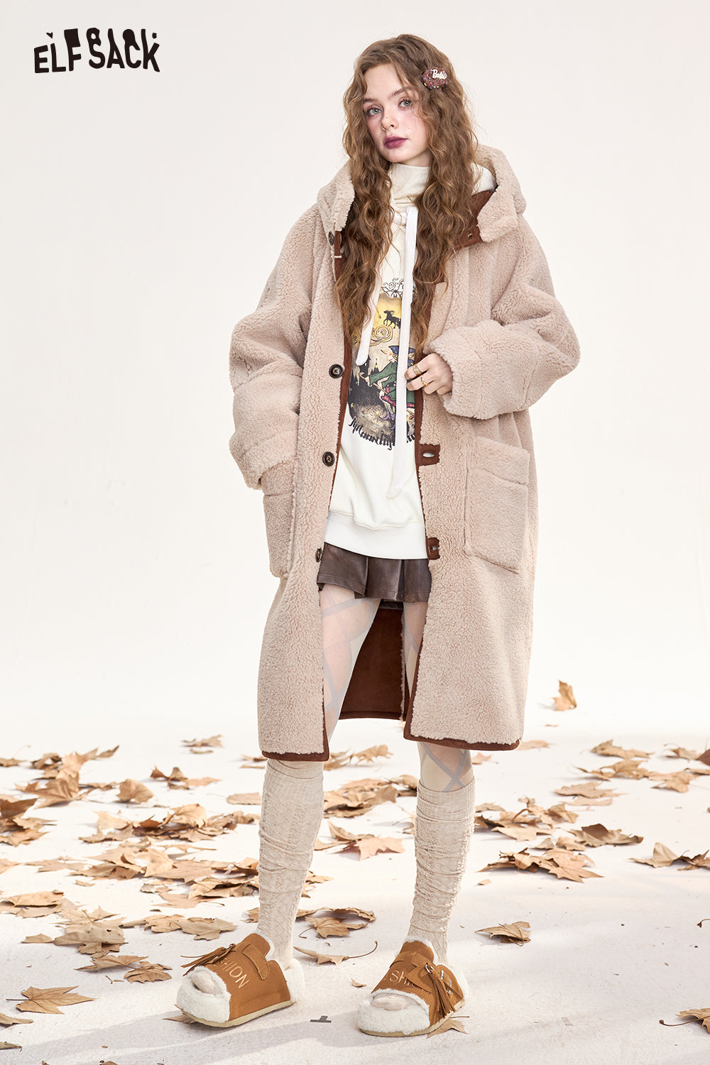 ELFSACK Retro coffee color warm plush thick long coat hooded reversible coat