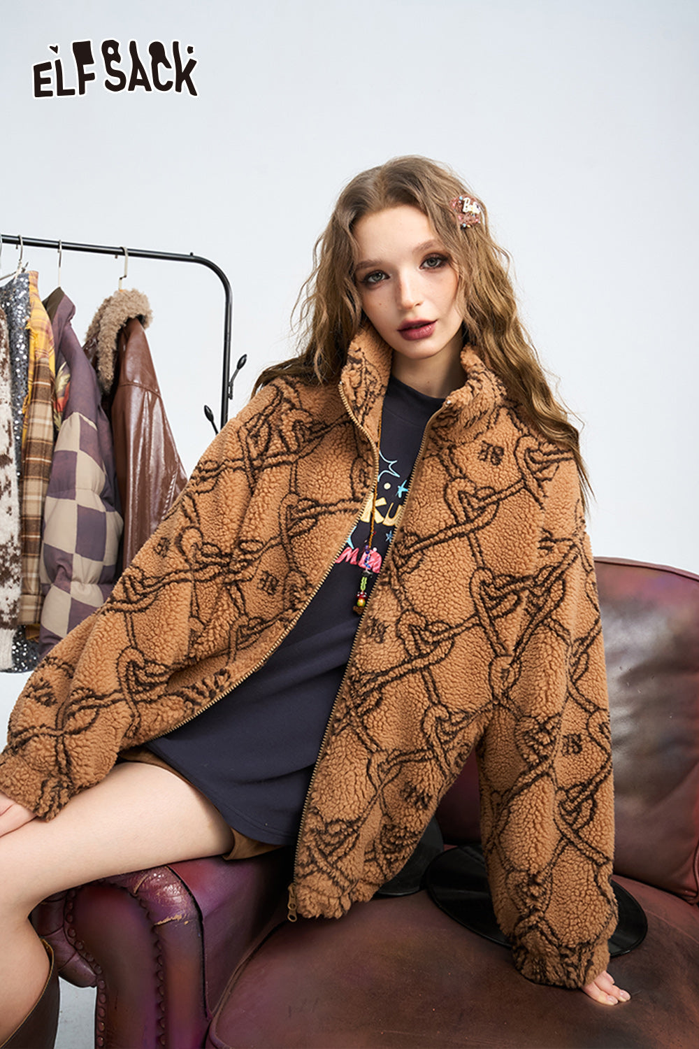 ELFSACK Retro Sweet Knitted Jacquard Imitation Plush Winter Coat