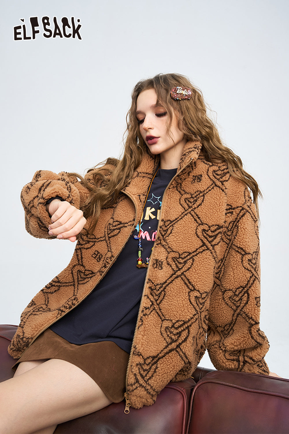 ELFSACK Retro Sweet Knitted Jacquard Imitation Plush Winter Coat