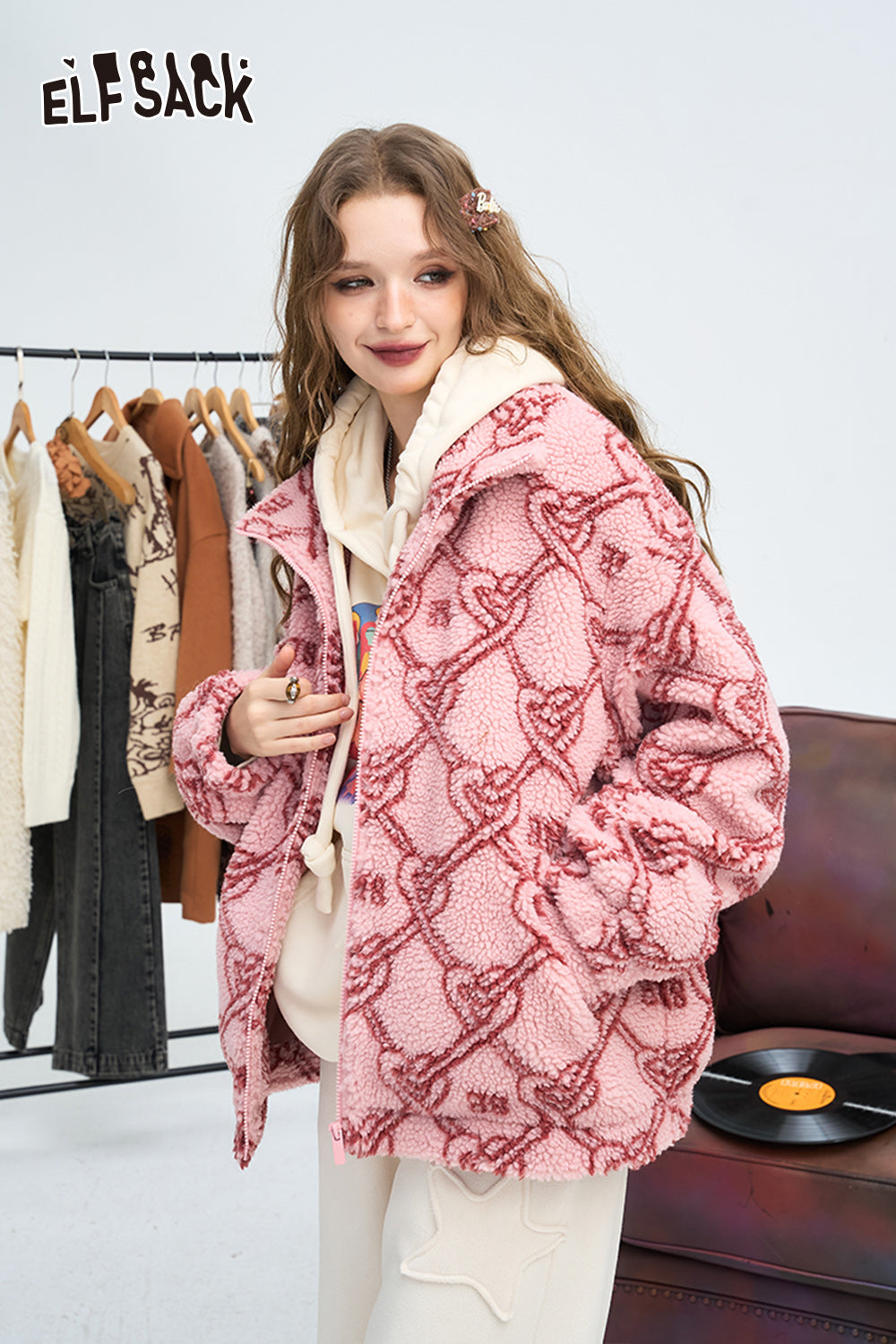 ELFSACK Retro Sweet Knitted Jacquard Imitation Plush Winter Coat