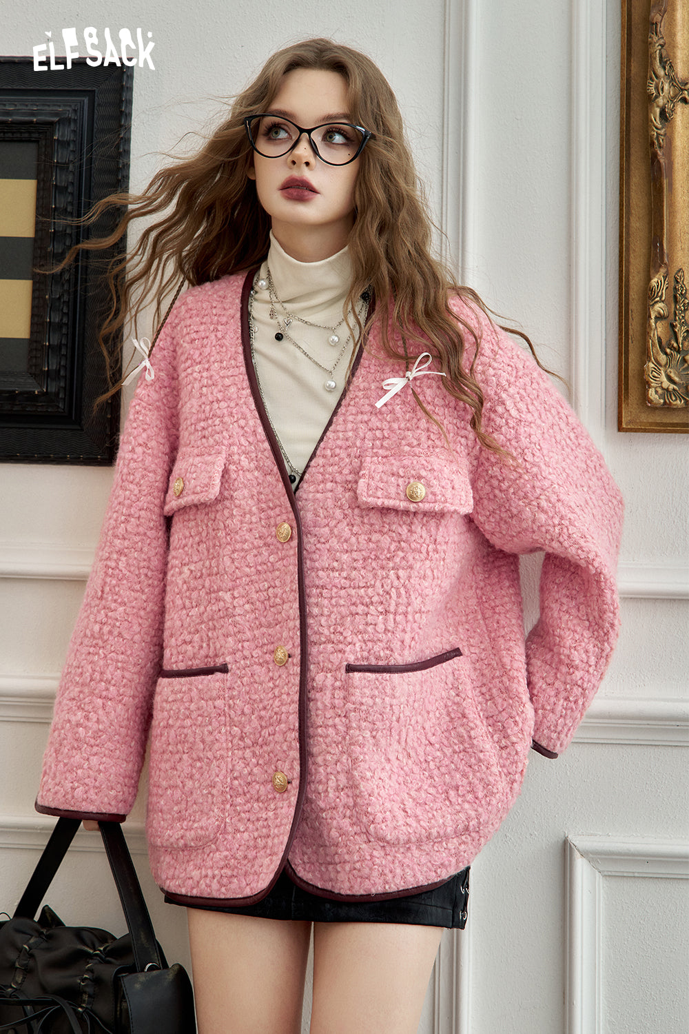 ELFSACK Elegant pink v-neck woolen coat