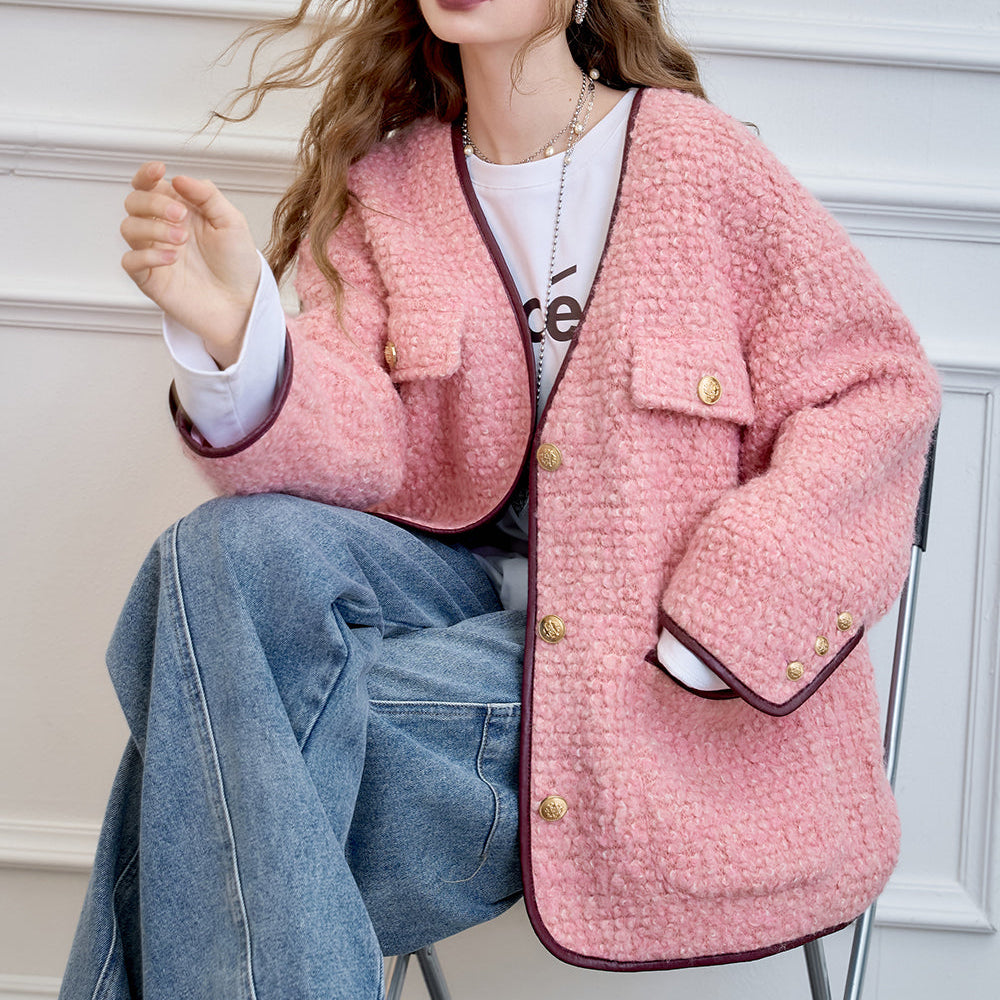 ELFSACK 2024 Winter New Arrivals Elegant pink v-neck woolen coat for women