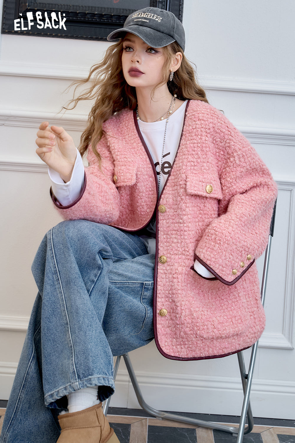 ELFSACK Elegant pink v-neck woolen coat