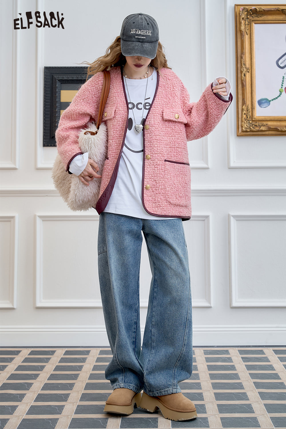 ELFSACK Elegant pink v-neck woolen coat