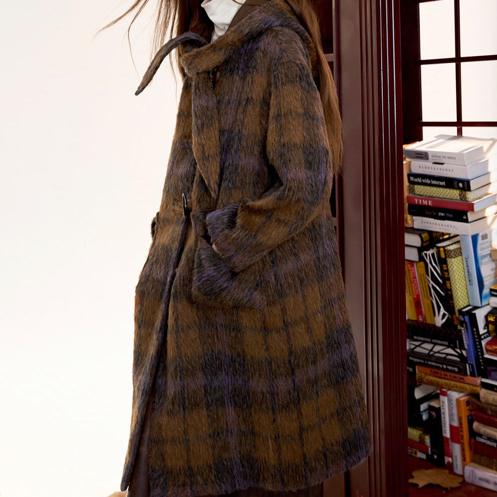 ELFSACK 2024 Winter New Arrivals Women's Brown Plaid Hooded Long Wool Coat with Horn Buttons