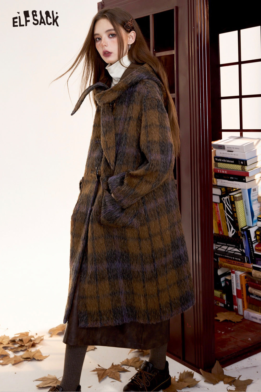 ELFSACK Women's Brown Plaid Hooded Long Wool Coat with Horn Buttons