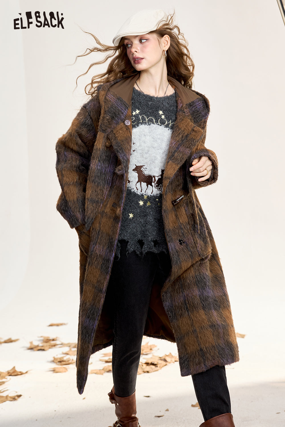 ELFSACK Women's Brown Plaid Hooded Long Wool Coat with Horn Buttons