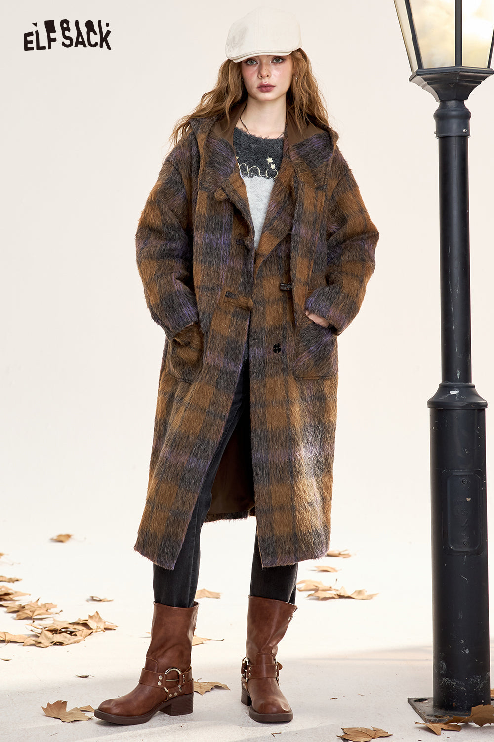 ELFSACK Women's Brown Plaid Hooded Long Wool Coat with Horn Buttons