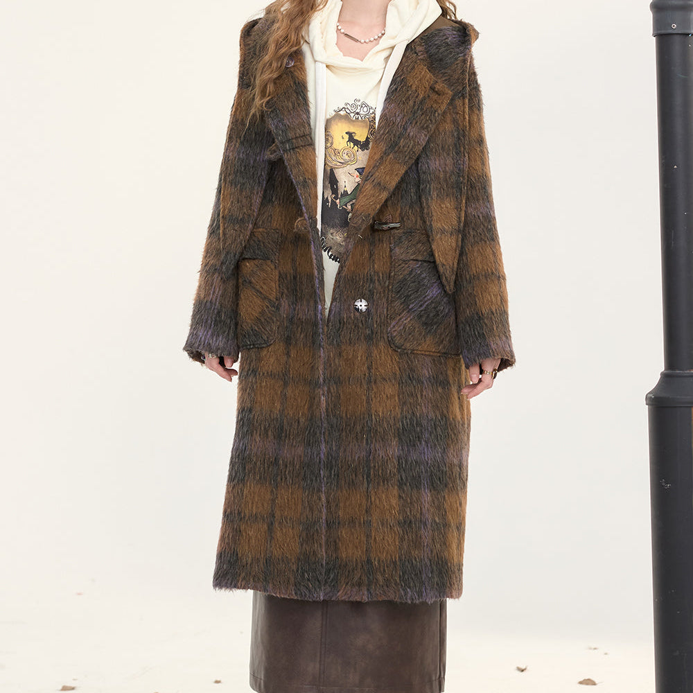 
                  
                    ELFSACK 2024 Winter New Arrivals Women's Brown Plaid Hooded Long Wool Coat with Horn Buttons
                  
                