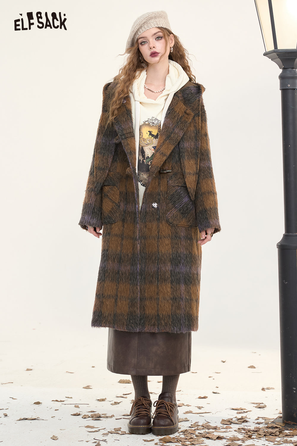ELFSACK Women's Brown Plaid Hooded Long Wool Coat with Horn Buttons