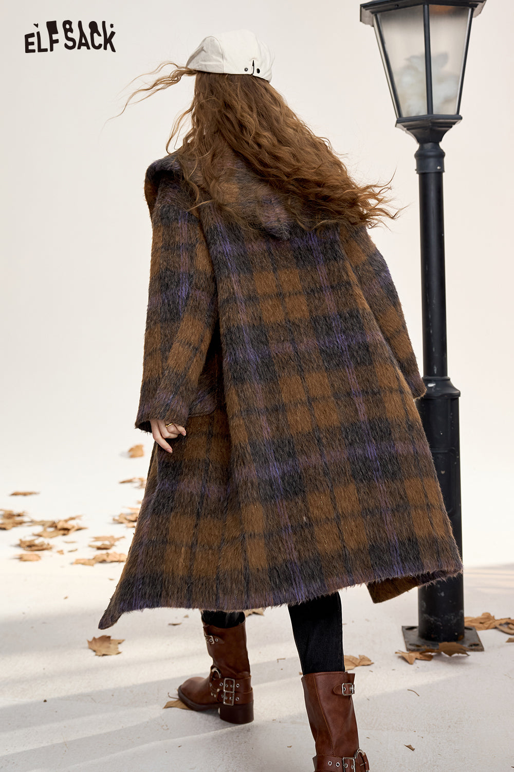 ELFSACK Women's Brown Plaid Hooded Long Wool Coat with Horn Buttons