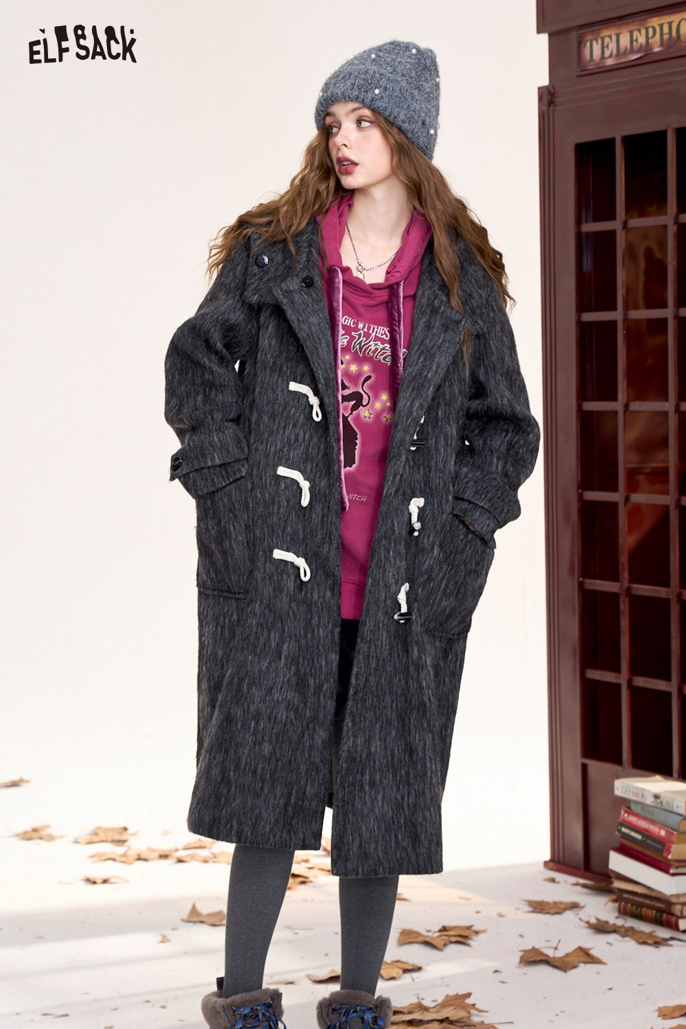 ELFSACK Claw button long coat, simple, fashionable and versatile