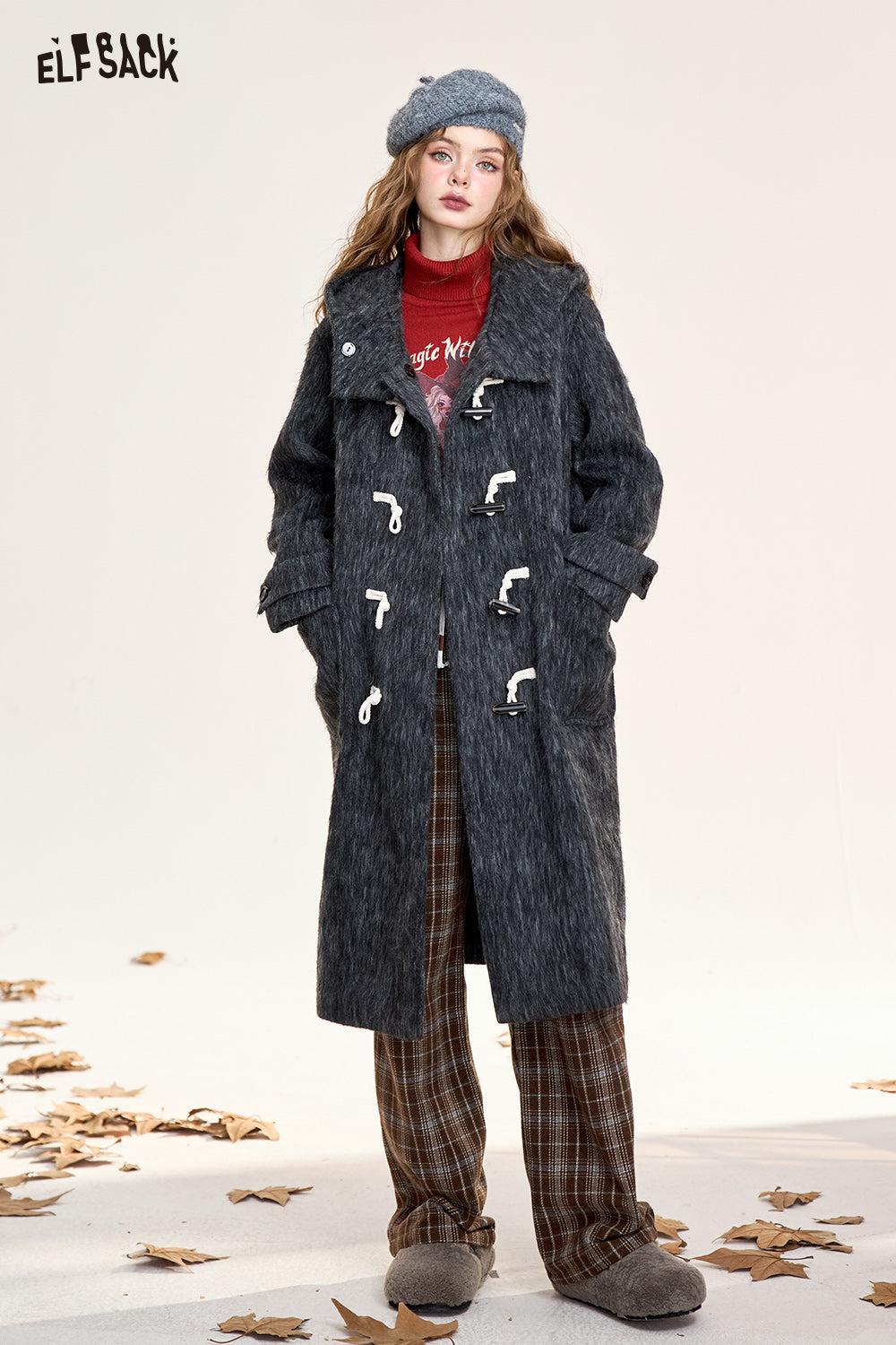 ELFSACK Claw button long coat, simple, fashionable and versatile
