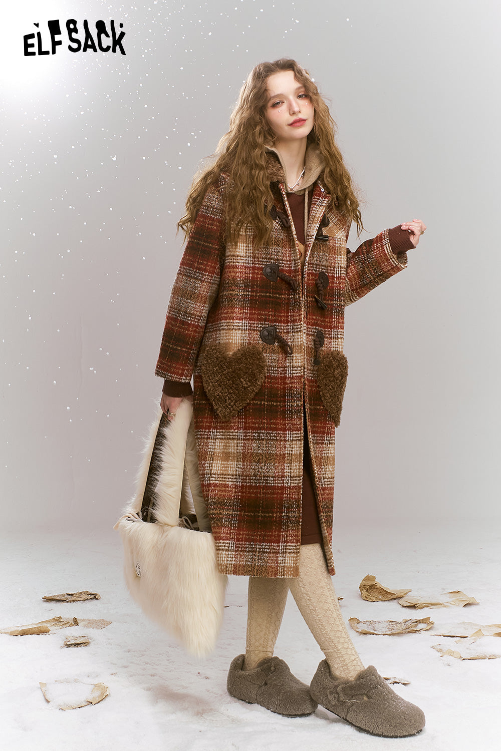 ELFSACK Retro Preppy style plaid long thick coat with fur collar and cow horn buckle