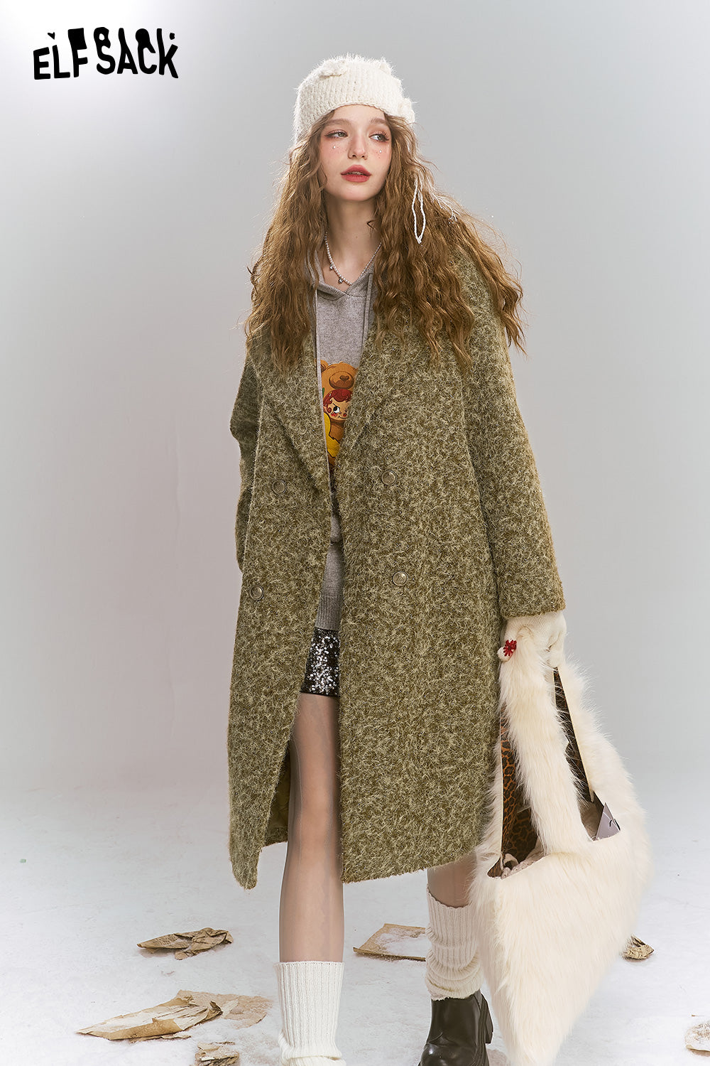 ELFSACK Retro elegant mid length lapel thick coat