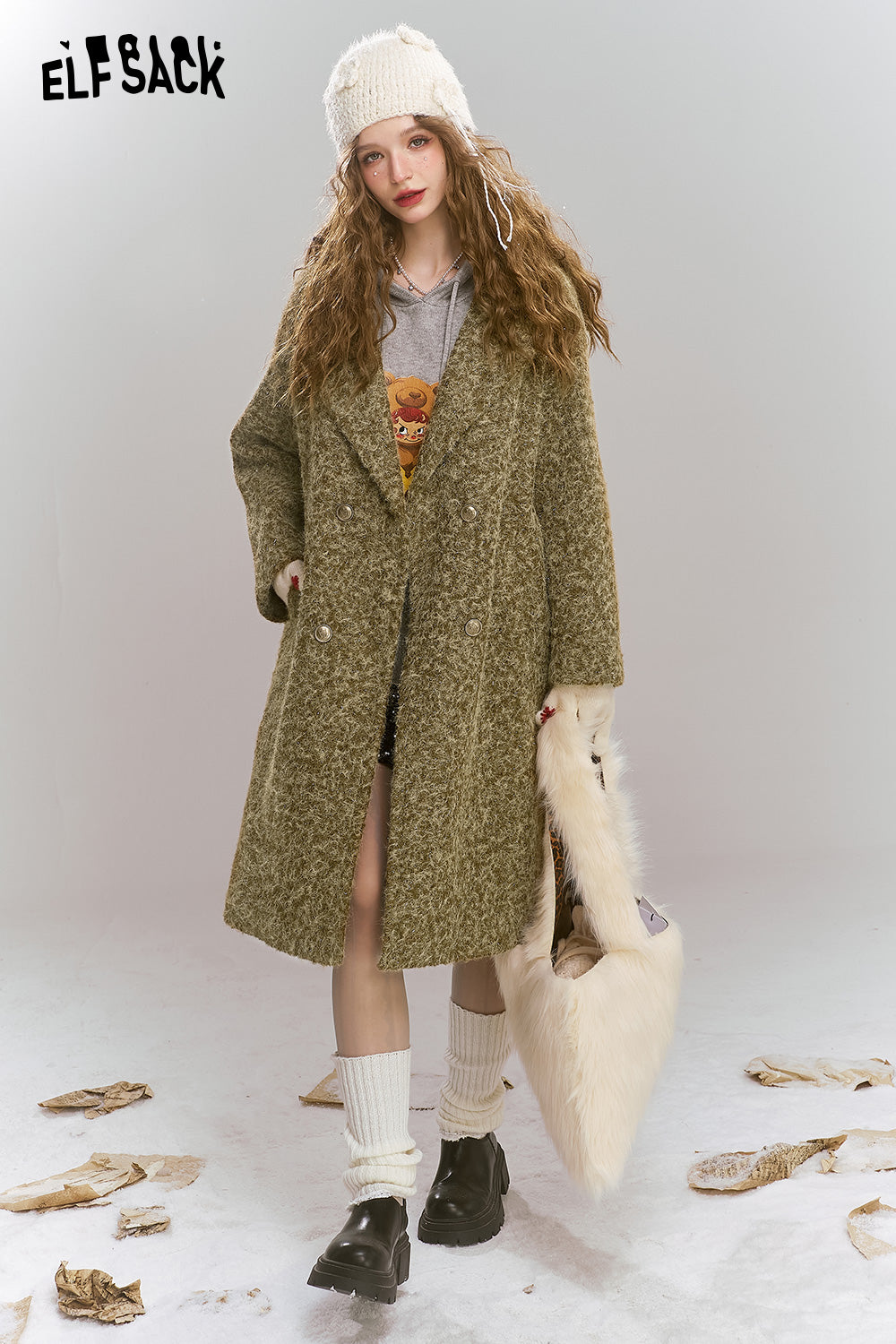 ELFSACK Retro elegant mid length lapel thick coat